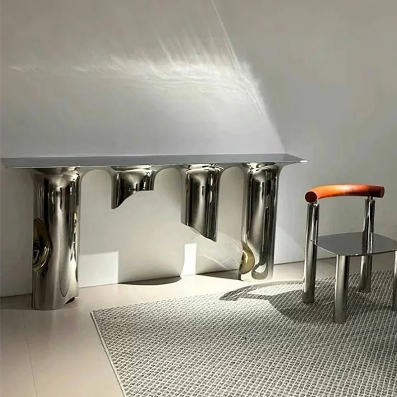 Contemporary Nordic Stainless Steel & Marble Rectangular Console Table With Single Shelf For Entryway, Living Room & Bedroom