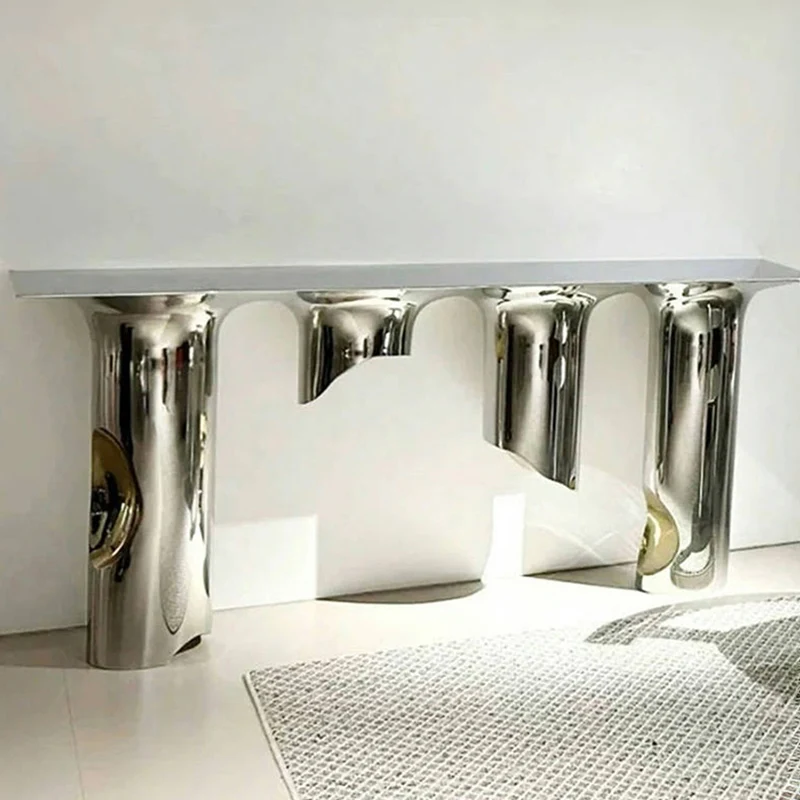 Contemporary Nordic Stainless Steel & Marble Rectangular Console Table With Single Shelf For Entryway, Living Room & Bedroom