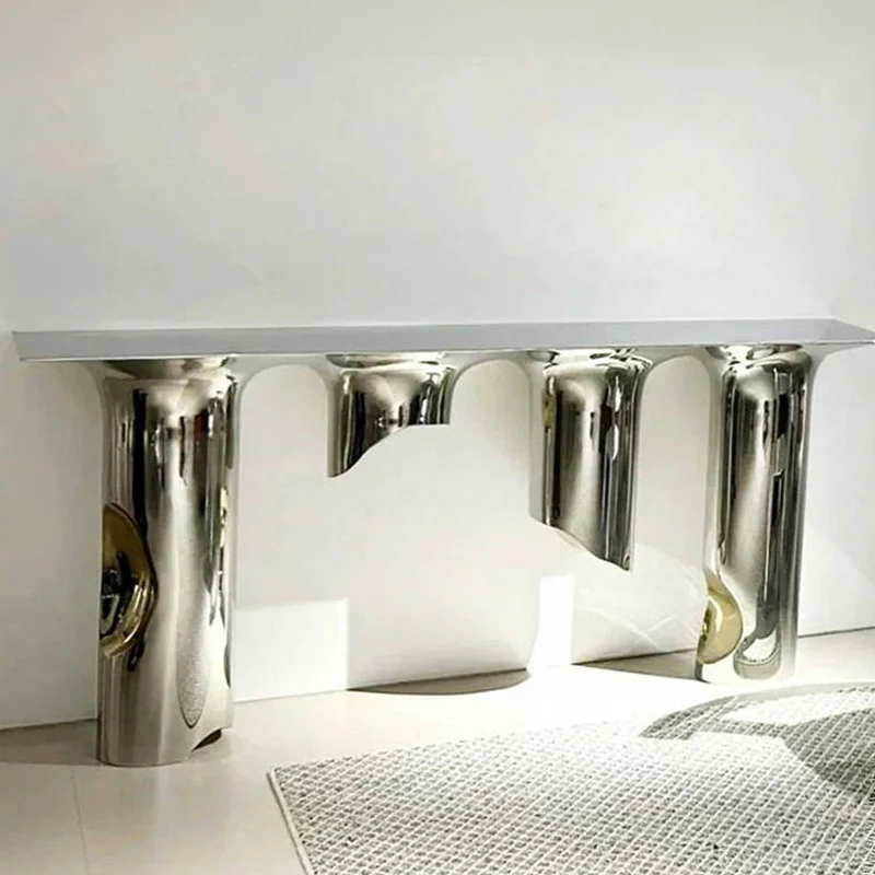 Contemporary Nordic Stainless Steel & Marble Rectangular Console Table With Single Shelf For Entryway, Living Room & Bedroom