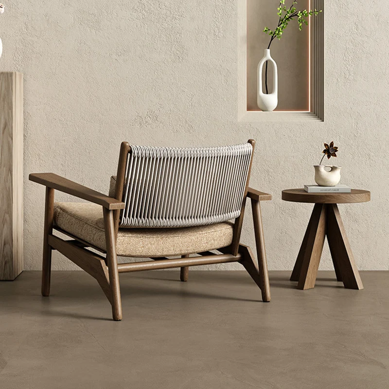 Modern Minimalist Ash Wood PU Leather Linen Sponge Rectangular Accent Chair With Backrest Armrests For Living Room And Bedroom