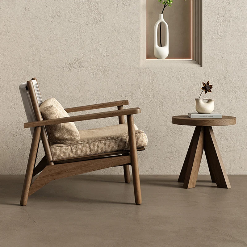 Modern Minimalist Ash Wood PU Leather Linen Sponge Rectangular Accent Chair With Backrest Armrests For Living Room And Bedroom