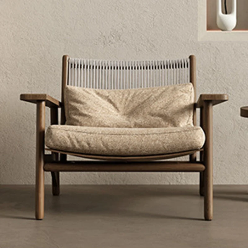 Modern Minimalist Ash Wood PU Leather Linen Sponge Rectangular Accent Chair With Backrest Armrests For Living Room And Bedroom