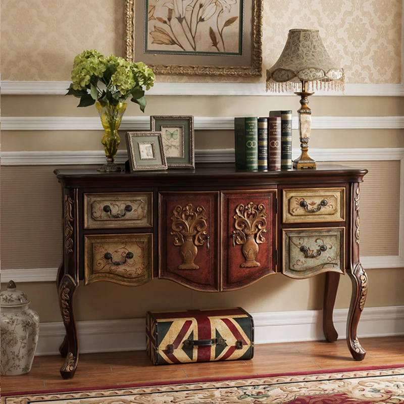 Traditional Vintage Rubberwood Rectangular Console Table With 4 Drawers And Cabinet For Entryway, Living Room, Bedroom