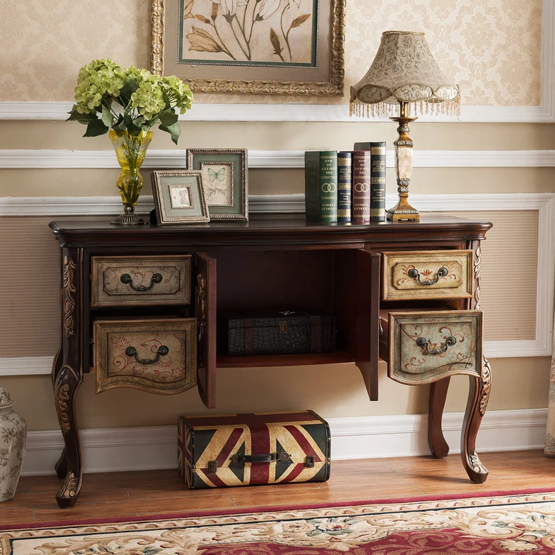 Traditional Vintage Rubberwood Rectangular Console Table With 4 Drawers And Cabinet For Entryway, Living Room, Bedroom
