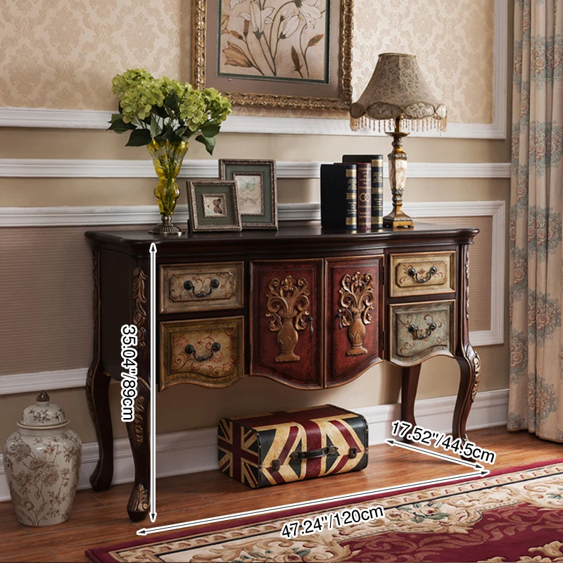 Traditional Vintage Rubberwood Rectangular Console Table With 4 Drawers And Cabinet For Entryway, Living Room, Bedroom