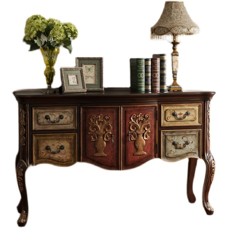Traditional Vintage Rubberwood Rectangular Console Table With 4 Drawers And Cabinet For Entryway, Living Room, Bedroom