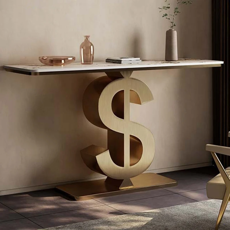 Contemporary Luxury Sintered Stone Stainless Steel Dollar-Shape Rectangle Console Table With 1-Tier For Entryway, Living Room, Bedroom
