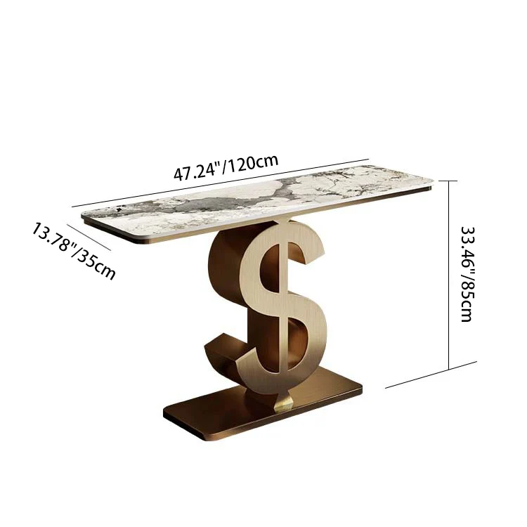 Contemporary Luxury Sintered Stone Stainless Steel Dollar-Shape Rectangle Console Table With 1-Tier For Entryway, Living Room, Bedroom