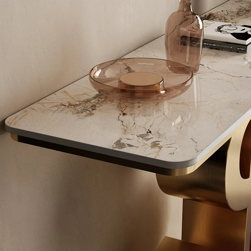 Contemporary Luxury Sintered Stone Stainless Steel Dollar-Shape Rectangle Console Table With 1-Tier For Entryway, Living Room, Bedroom