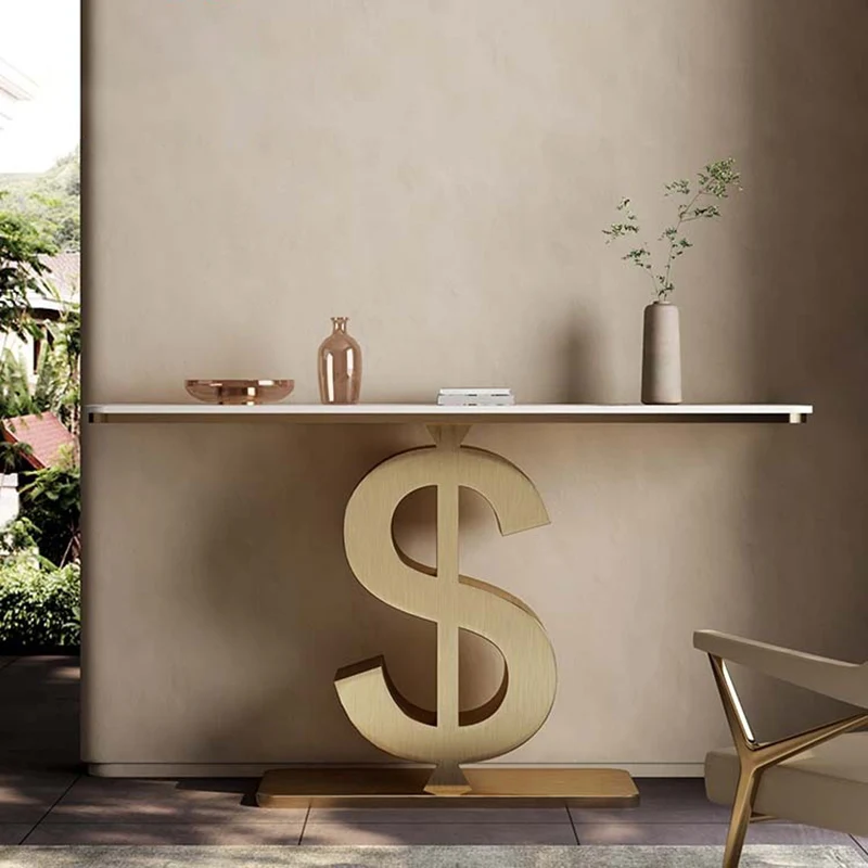 Contemporary Luxury Sintered Stone Stainless Steel Dollar-Shape Rectangle Console Table With 1-Tier For Entryway, Living Room, Bedroom