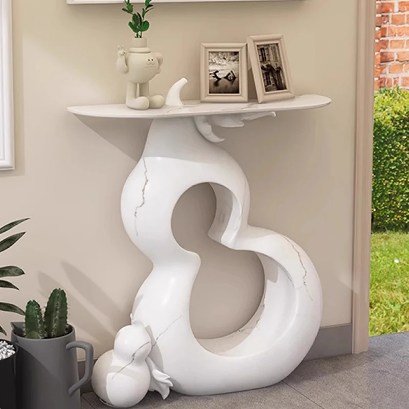 Contemporary Retro Solid Wood Fiberglass Gourd Shape Console Table With 1-Tier For Entryway, Living Room, Bedroom