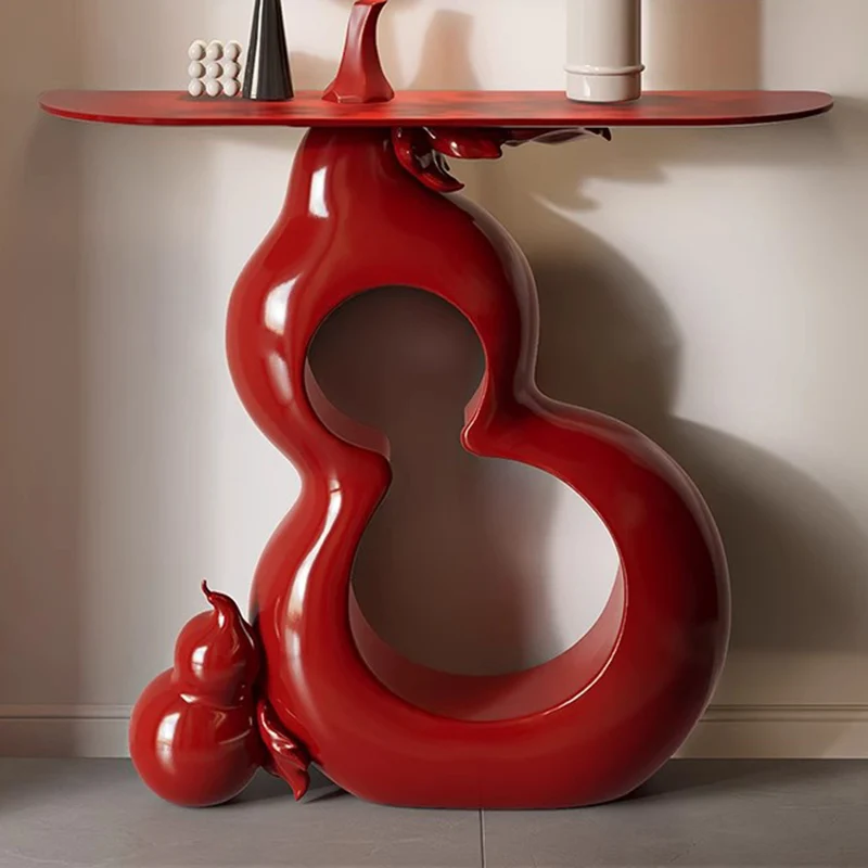 Contemporary Retro Solid Wood Fiberglass Gourd Shape Console Table With 1-Tier For Entryway, Living Room, Bedroom