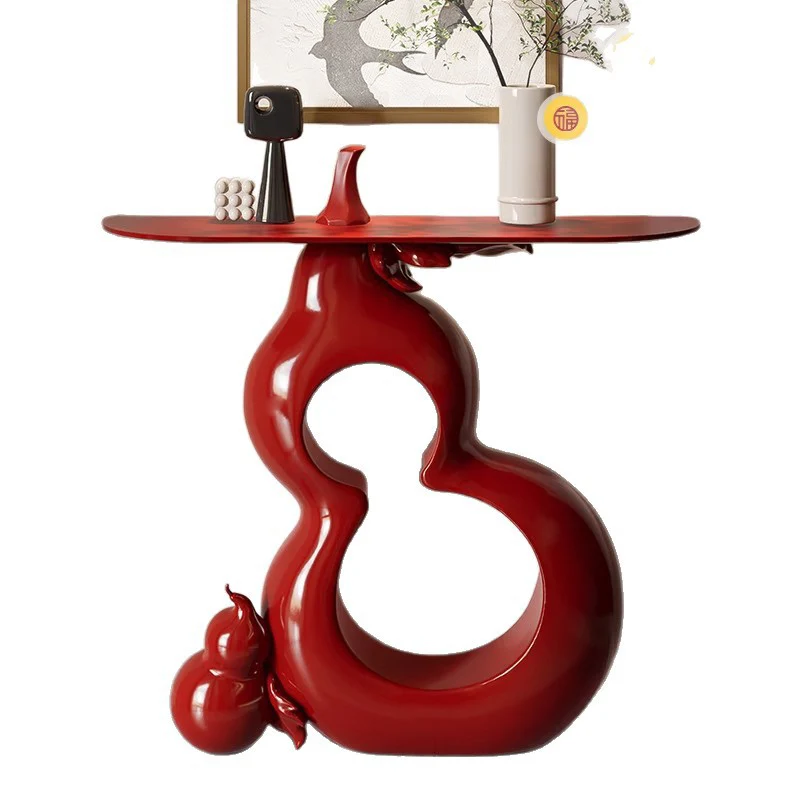 Contemporary Retro Solid Wood Fiberglass Gourd Shape Console Table With 1-Tier For Entryway, Living Room, Bedroom