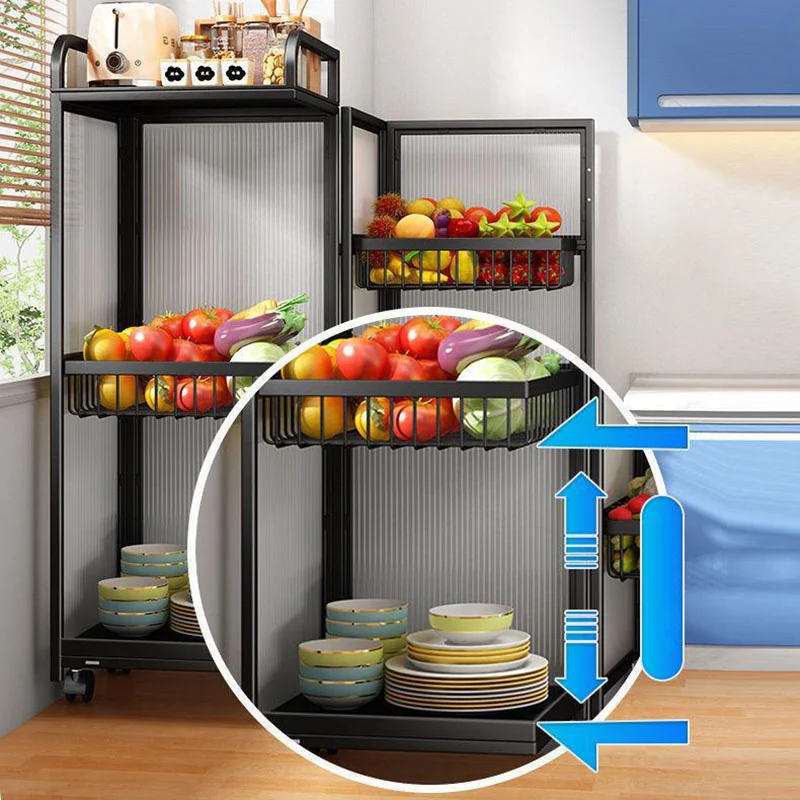 Modern Minimalist Carbon Steel & Glass Rectangular Storage Shelf With 5-Tier Rotating Shelves For Bedroom & Living Room
