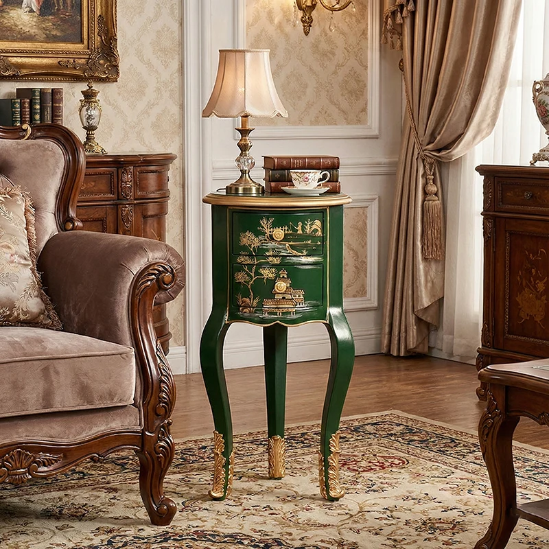 Traditional Chinese MDF Birch Round Side Table With 2-Drawer Storage For Living Room & Bedroom