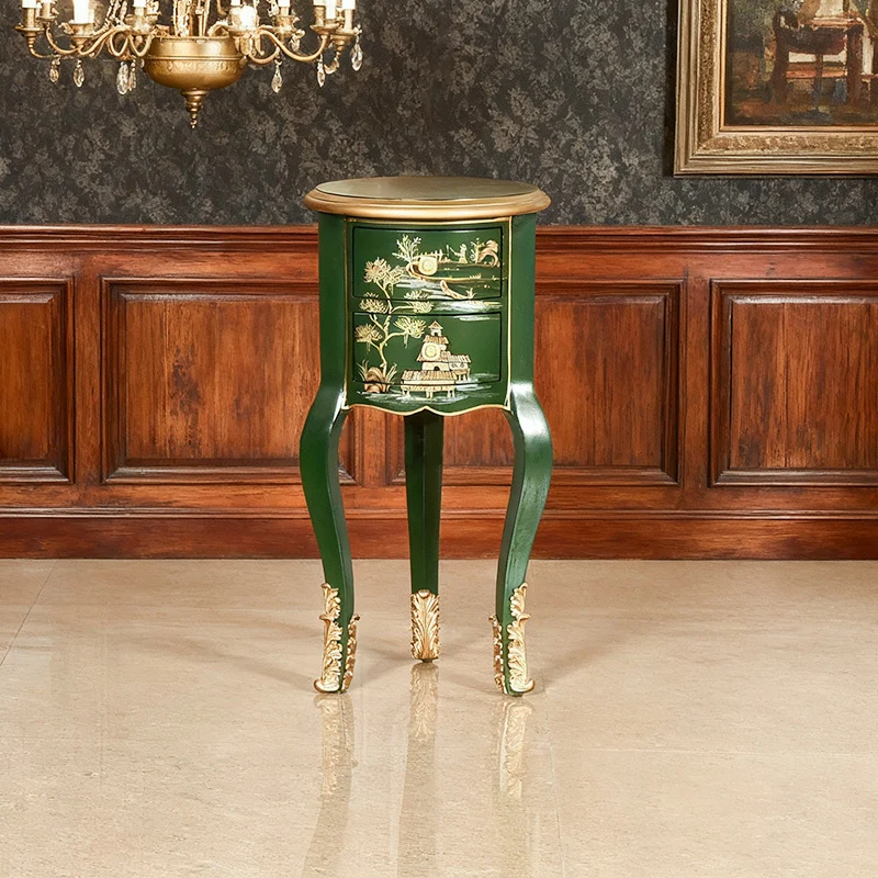 Traditional Chinese MDF Birch Round Side Table With 2-Drawer Storage For Living Room & Bedroom
