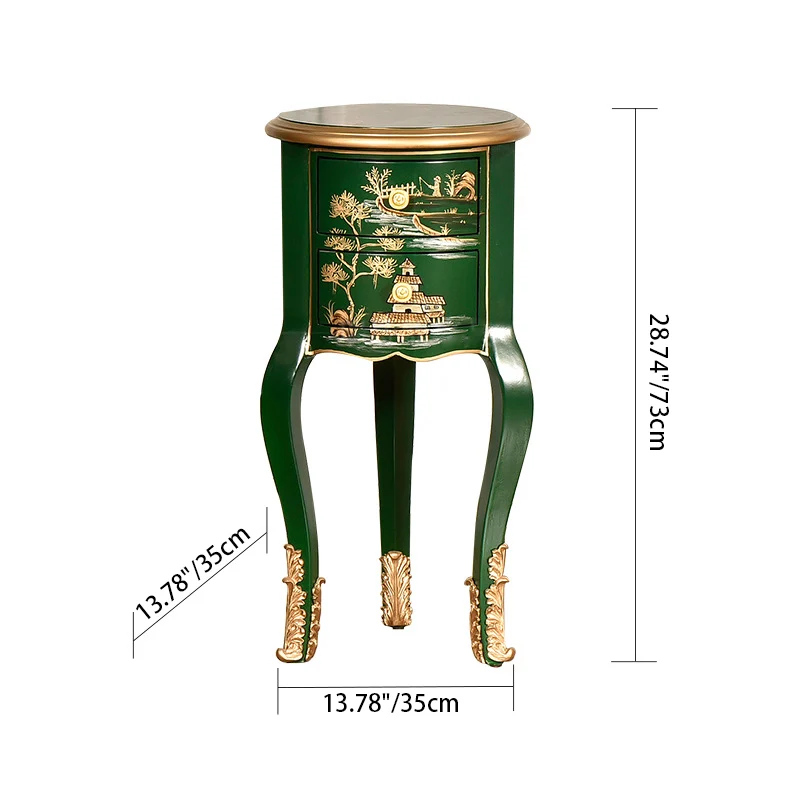 Traditional Chinese MDF Birch Round Side Table With 2-Drawer Storage For Living Room & Bedroom