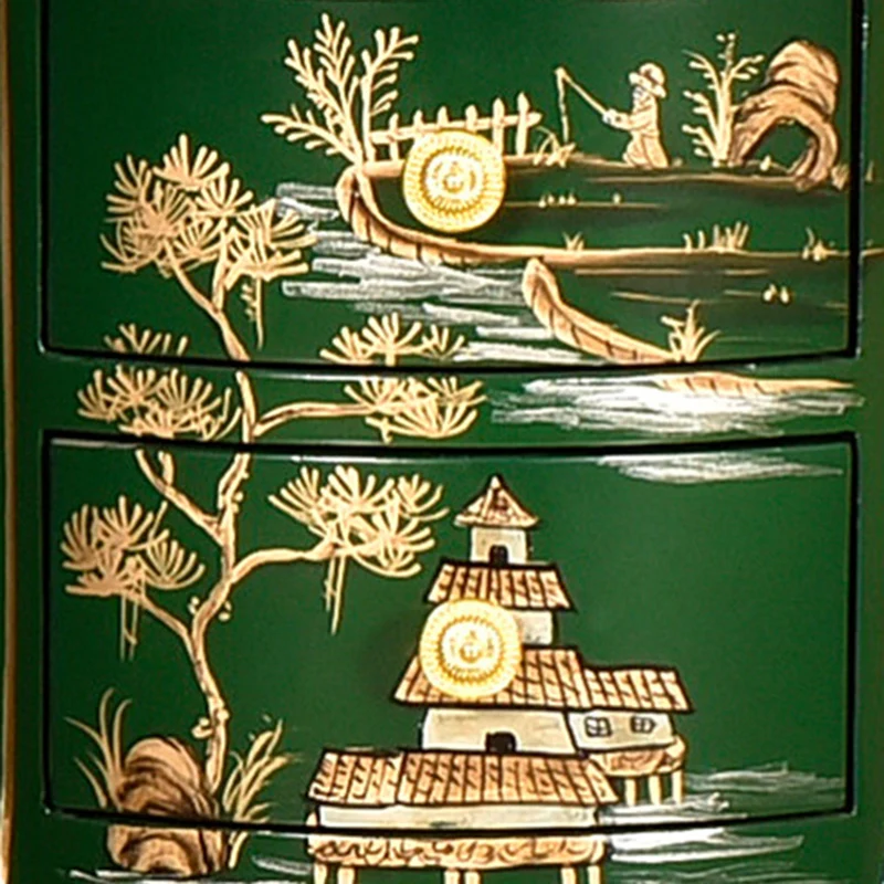 Traditional Chinese MDF Birch Round Side Table With 2-Drawer Storage For Living Room & Bedroom