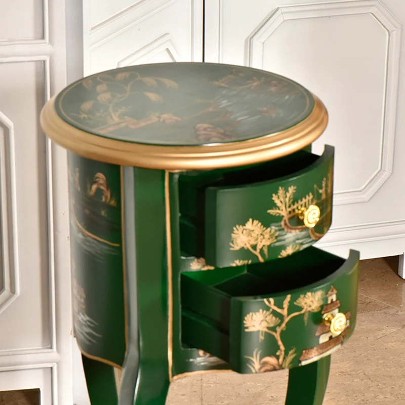 Traditional Chinese MDF Birch Round Side Table With 2-Drawer Storage For Living Room & Bedroom
