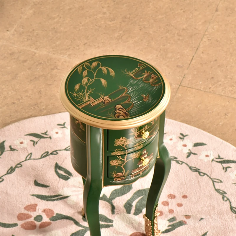 Traditional Chinese MDF Birch Round Side Table With 2-Drawer Storage For Living Room & Bedroom