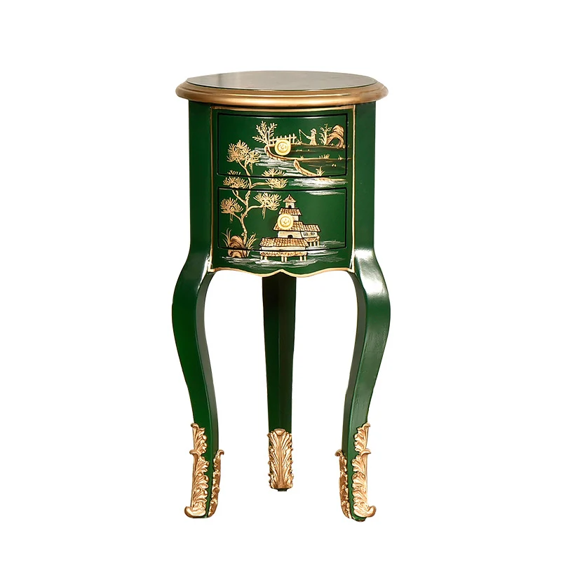 Traditional Chinese MDF Birch Round Side Table With 2-Drawer Storage For Living Room & Bedroom