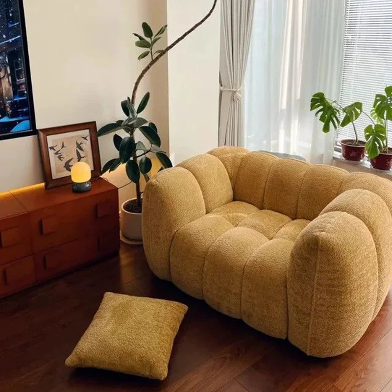 Traditional French Pumpkin-Shaped Alpaca-like Fabric Pine Wood Accent Chair Backrest Armrest For Living Room