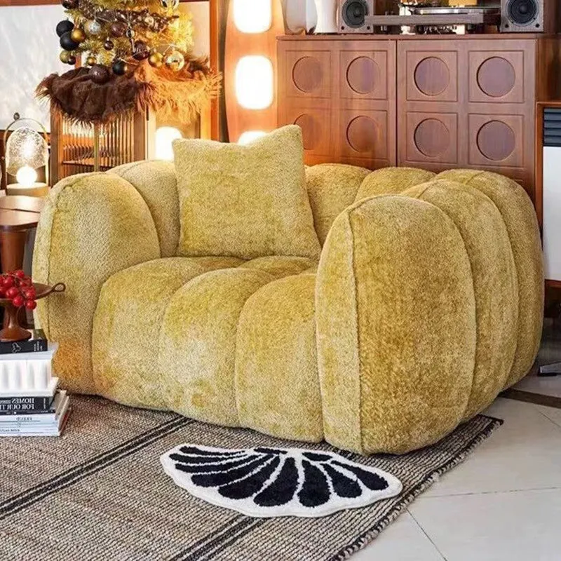 Traditional French Pumpkin-Shaped Alpaca-like Fabric Pine Wood Accent Chair Backrest Armrest For Living Room