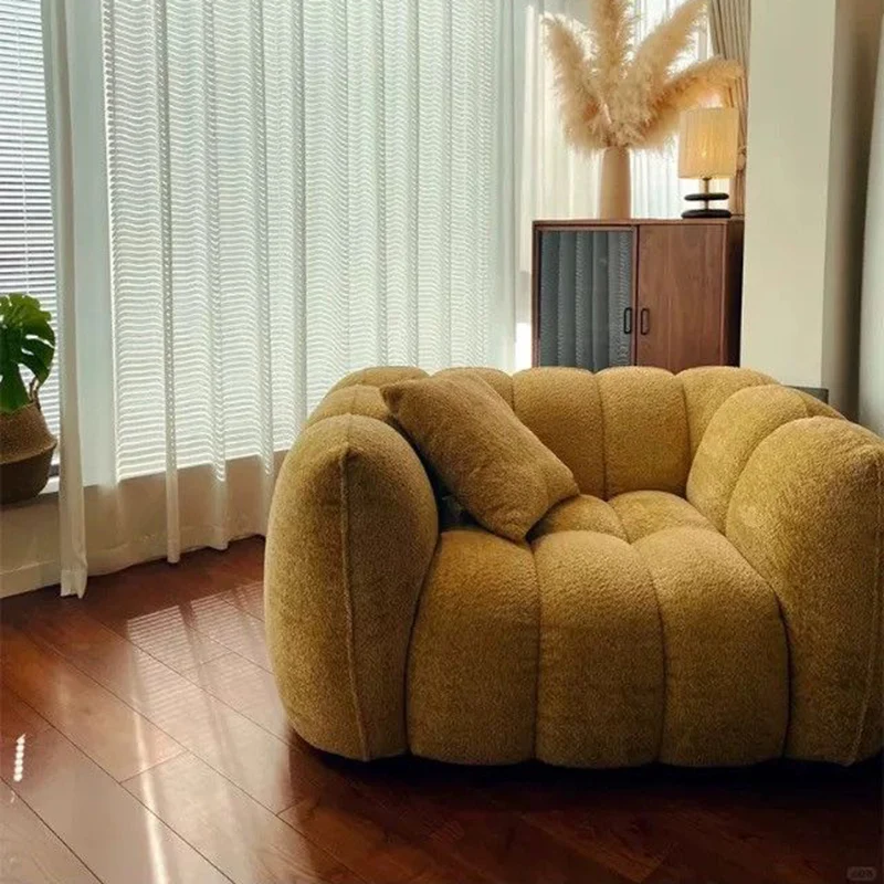 Traditional French Pumpkin-Shaped Alpaca-like Fabric Pine Wood Accent Chair Backrest Armrest For Living Room