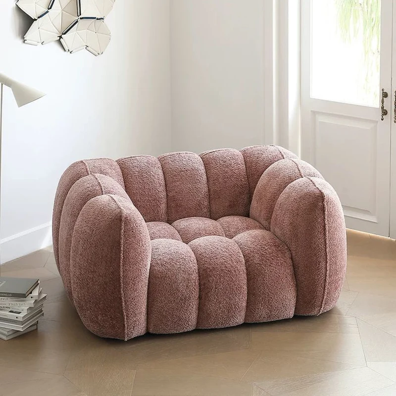 Traditional French Pumpkin-Shaped Alpaca-like Fabric Pine Wood Accent Chair Backrest Armrest For Living Room