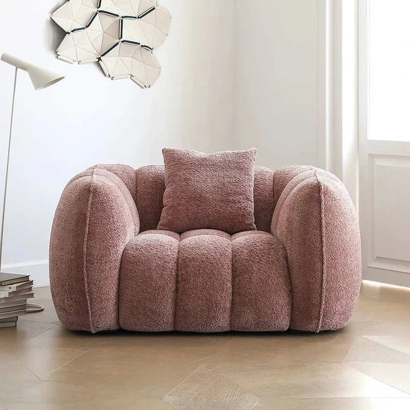 Traditional French Pumpkin-Shaped Alpaca-like Fabric Pine Wood Accent Chair Backrest Armrest For Living Room
