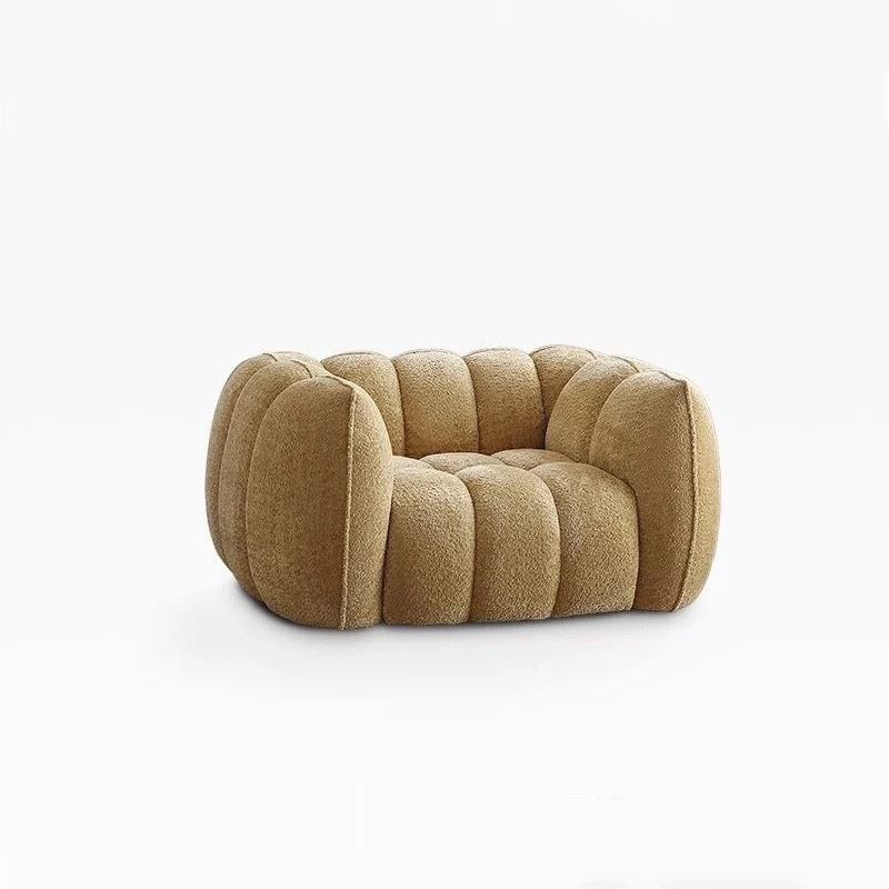 Traditional French Pumpkin-Shaped Alpaca-like Fabric Pine Wood Accent Chair Backrest Armrest For Living Room