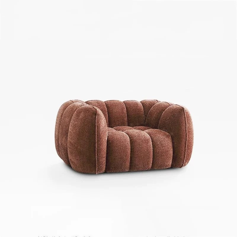 Traditional French Pumpkin-Shaped Alpaca-like Fabric Pine Wood Accent Chair Backrest Armrest For Living Room