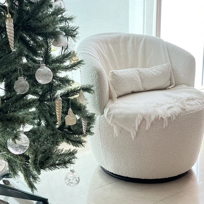Contemporary Nordic Curved Sherpa Fabric Velvet Cotton-Linen Solid Wood Accent Chair Backrest Armless For Living Room