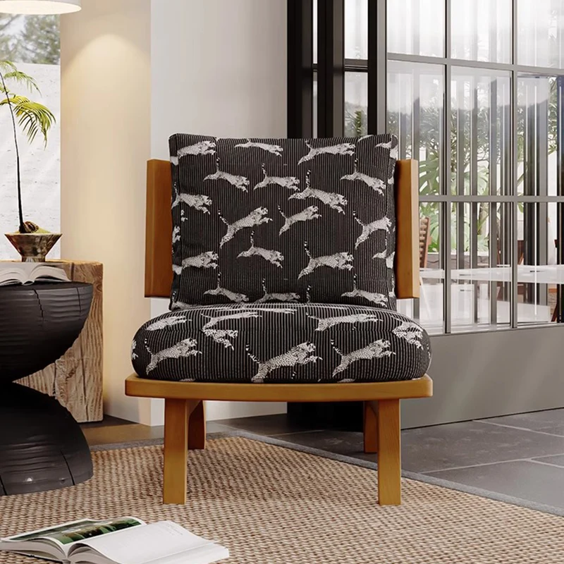 Traditional Japanese Rectangular Jacquard Fabric Ash Wood Accent Chair Backrest Armless For Living Room