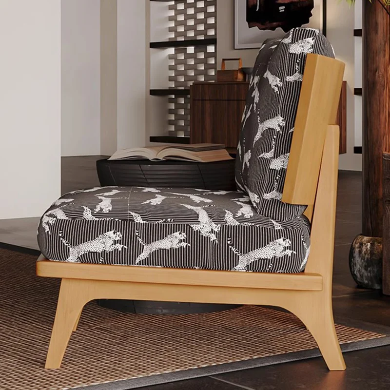 Traditional Japanese Rectangular Jacquard Fabric Ash Wood Accent Chair Backrest Armless For Living Room