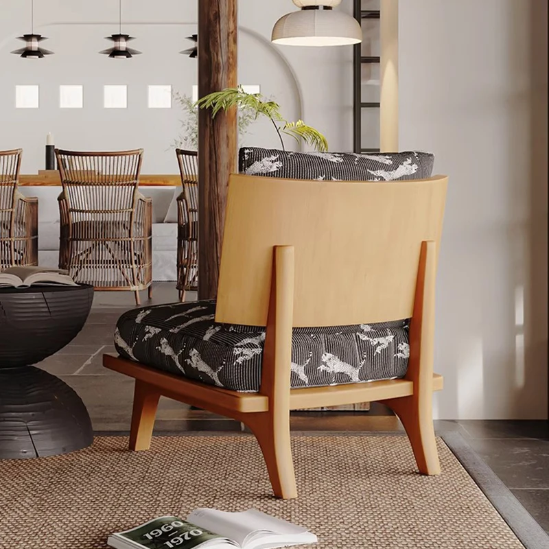 Traditional Japanese Rectangular Jacquard Fabric Ash Wood Accent Chair Backrest Armless For Living Room