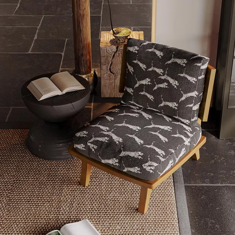 Traditional Japanese Rectangular Jacquard Fabric Ash Wood Accent Chair Backrest Armless For Living Room