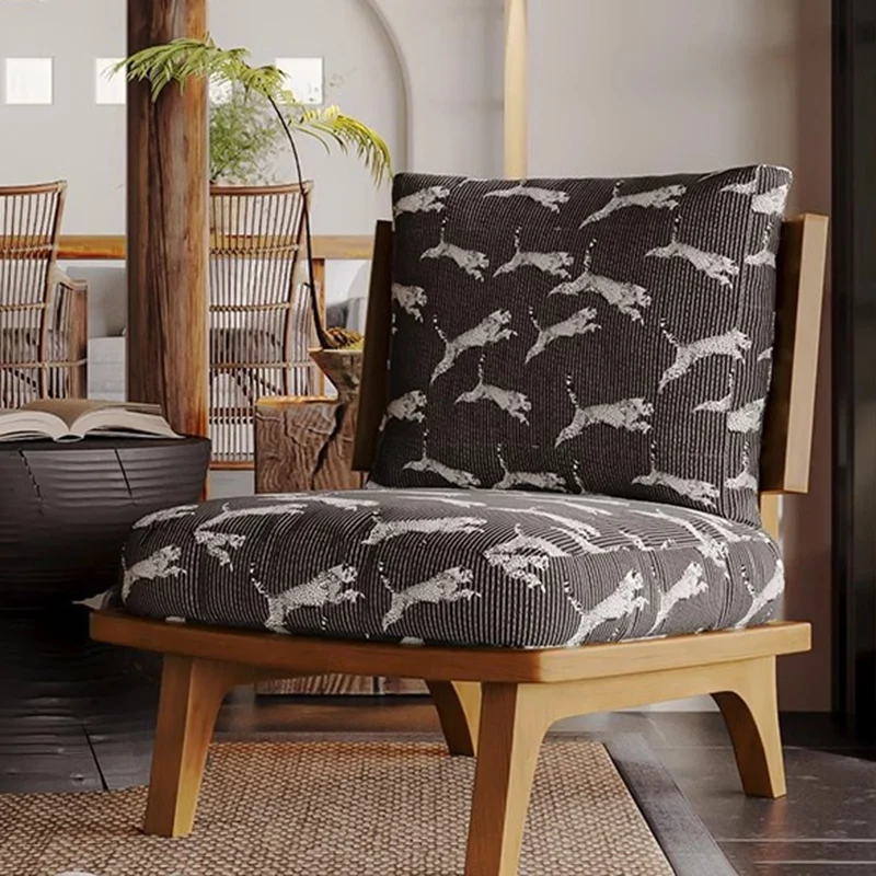 Traditional Japanese Rectangular Jacquard Fabric Ash Wood Accent Chair Backrest Armless For Living Room