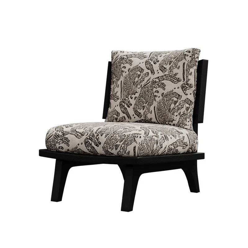 Traditional Japanese Rectangular Jacquard Fabric Ash Wood Accent Chair Backrest Armless For Living Room