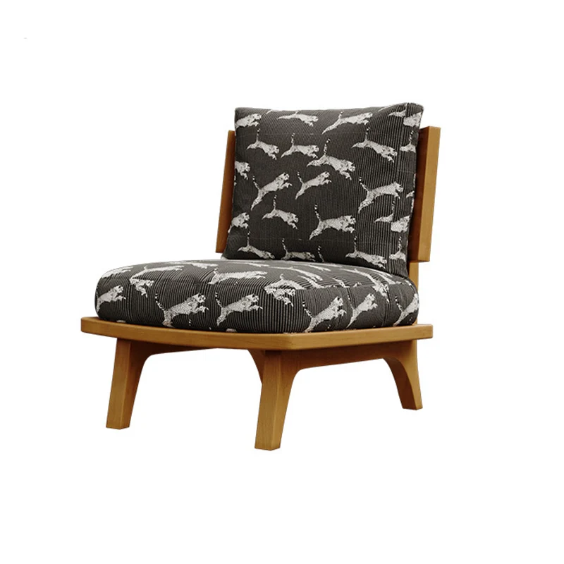 Traditional Japanese Rectangular Jacquard Fabric Ash Wood Accent Chair Backrest Armless For Living Room