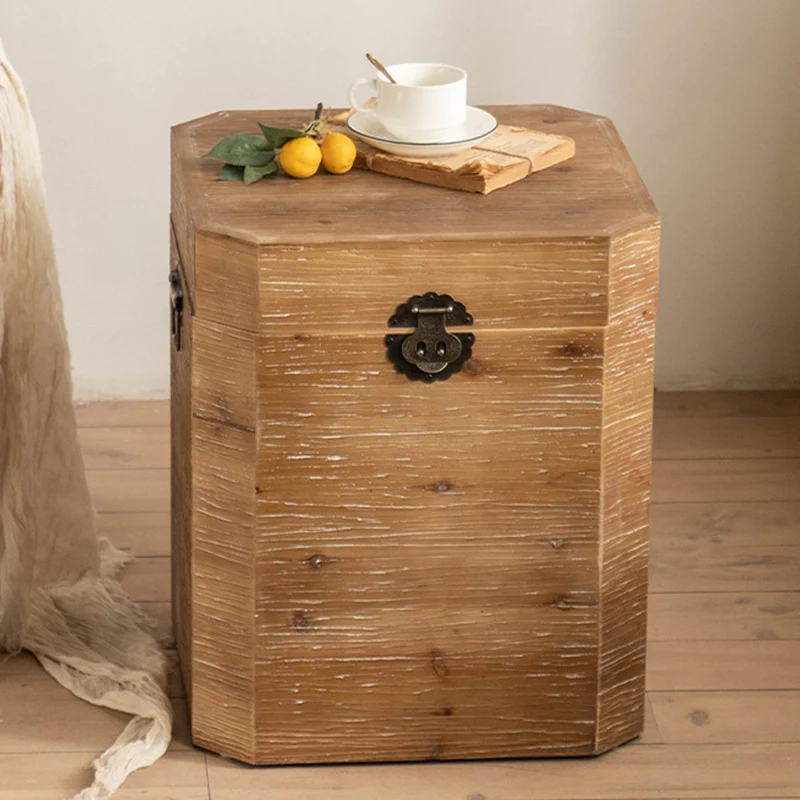 Traditional Vintage Fir Wood Octagonal Side Table With 1-Storage For Living Room & Bedroom