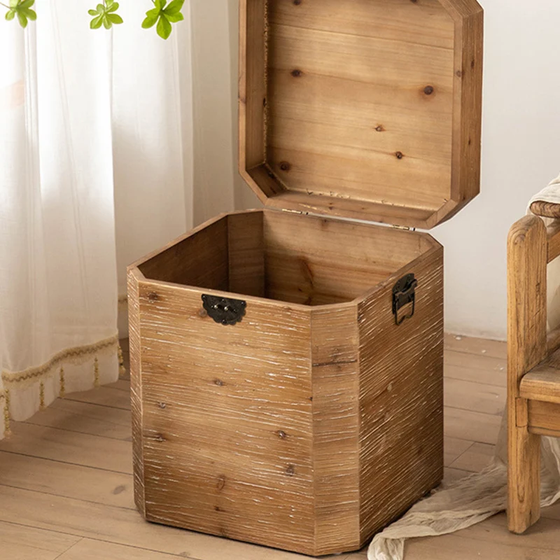 Traditional Vintage Fir Wood Octagonal Side Table With 1-Storage For Living Room & Bedroom