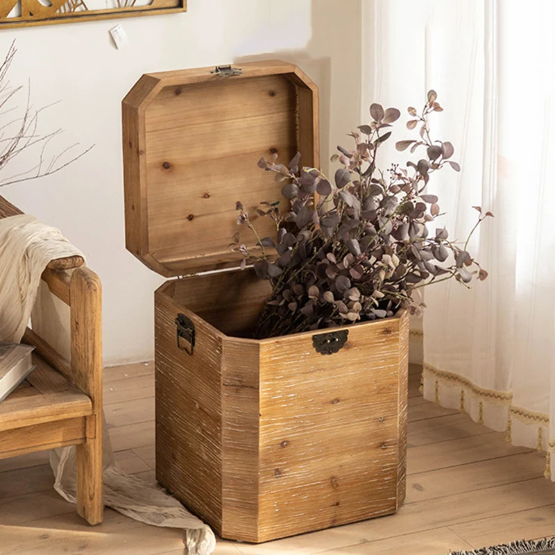 Traditional Vintage Fir Wood Octagonal Side Table With 1-Storage For Living Room & Bedroom