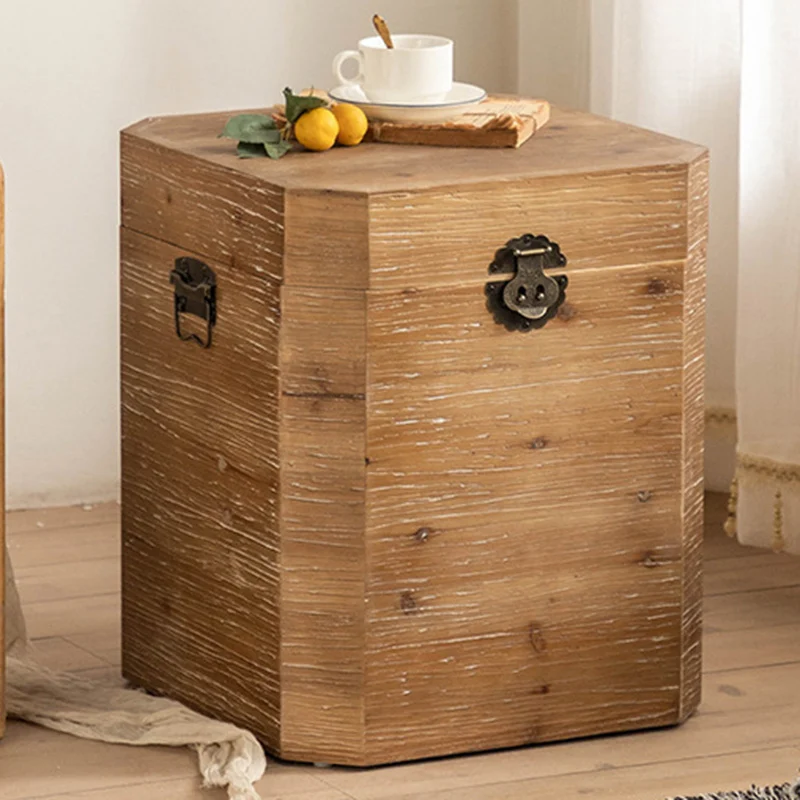 Traditional Vintage Fir Wood Octagonal Side Table With 1-Storage For Living Room & Bedroom