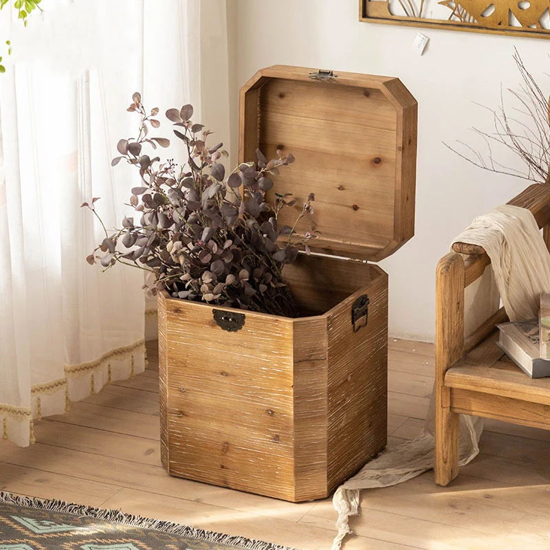 Traditional Vintage Fir Wood Octagonal Side Table With 1-Storage For Living Room & Bedroom