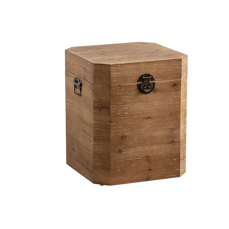 Traditional Vintage Fir Wood Octagonal Side Table With 1-Storage For Living Room & Bedroom