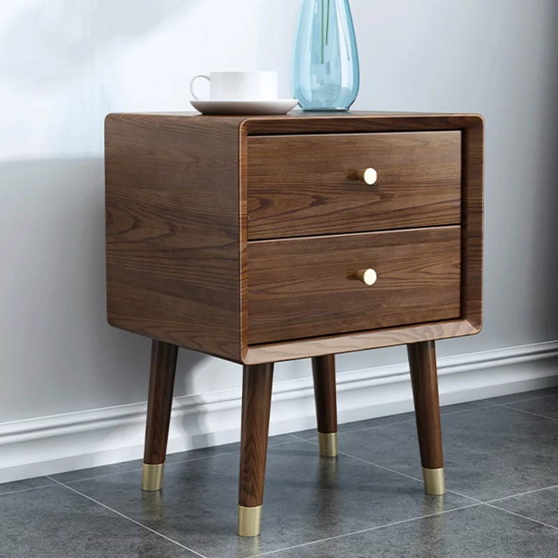 Traditional Vintage Ash Wood & Metal Cylindrical-Square Nightstand With 2 Drawers For Bedroom