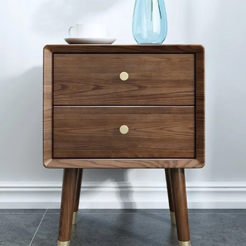 Traditional Vintage Ash Wood & Metal Cylindrical-Square Nightstand With 2 Drawers For Bedroom