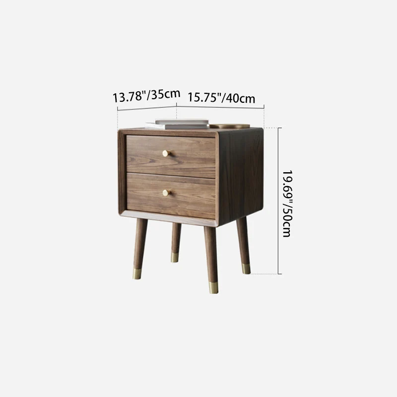 Traditional Vintage Ash Wood & Metal Cylindrical-Square Nightstand With 2 Drawers For Bedroom