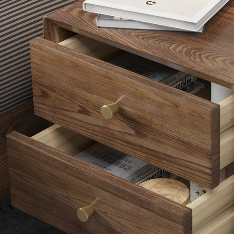 Traditional Vintage Ash Wood & Metal Cylindrical-Square Nightstand With 2 Drawers For Bedroom